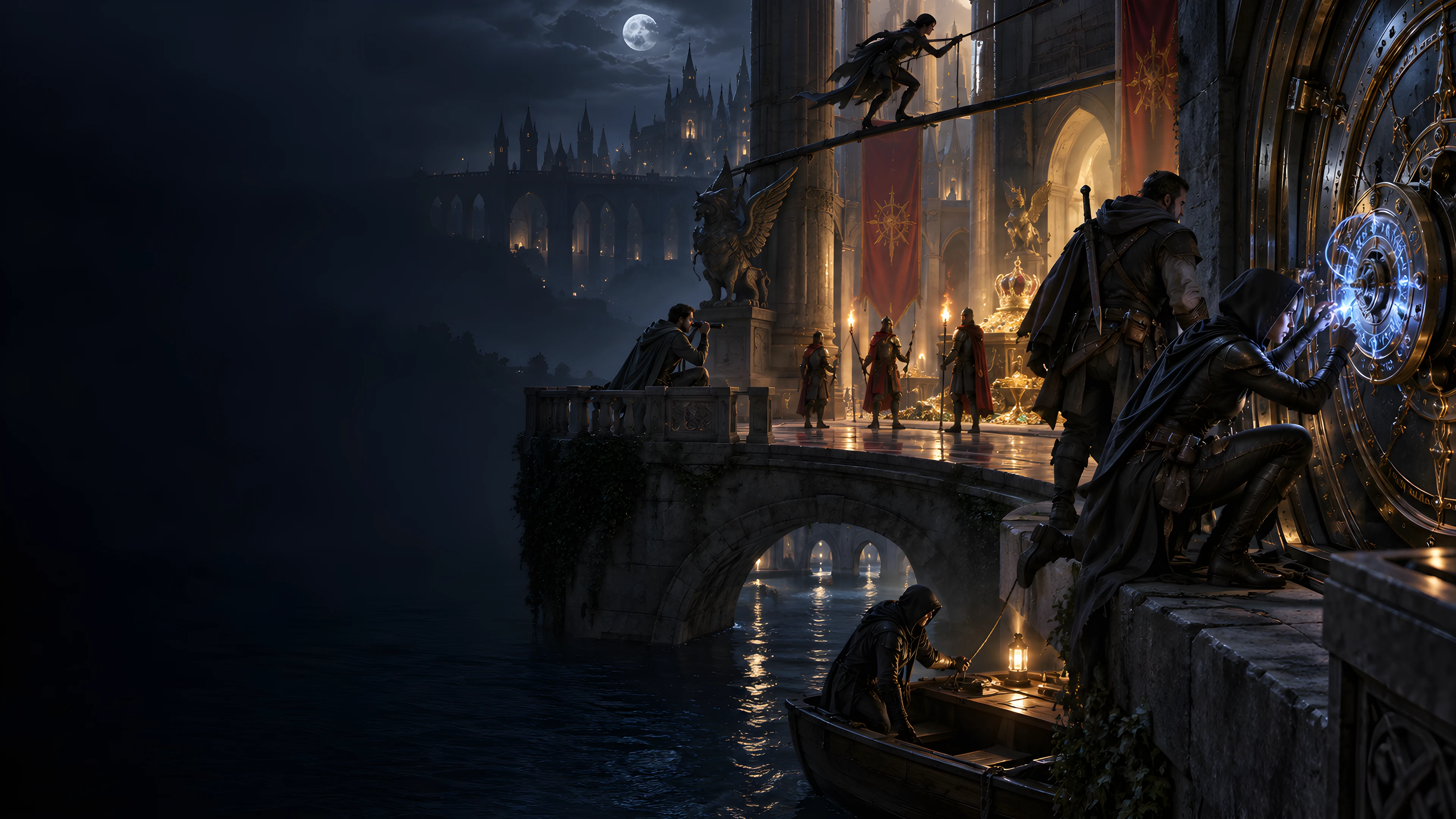 Fantasy illustration of a crew approaching a guarded treasure chamber at night