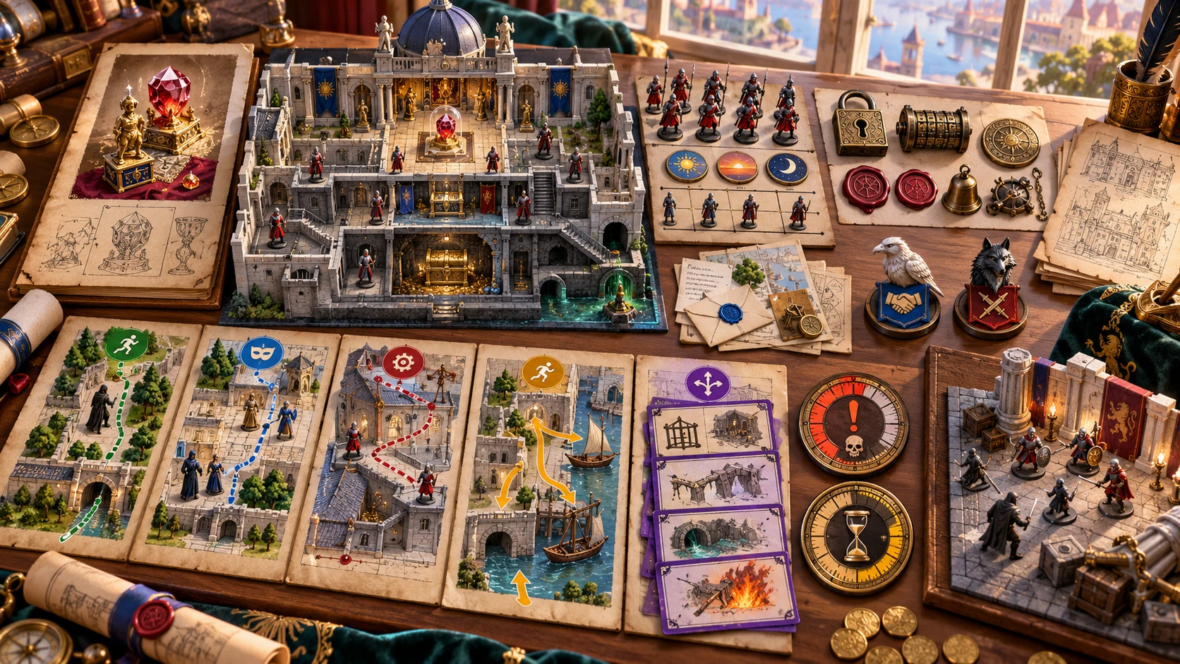 Fantasy illustration of heist routes, security, contacts and escape planning on a preparation table