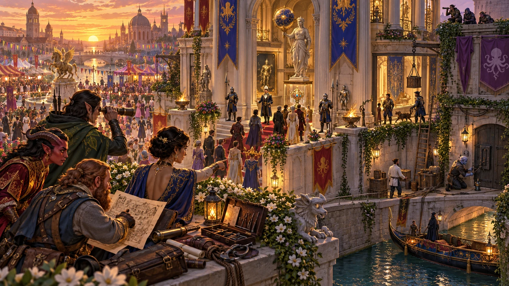 Fantasy illustration of a crew studying public, guarded and service approaches to a treasure chamber